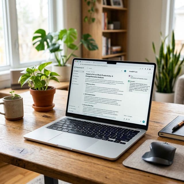 Laptop on office desk displaying Perplexity search results and ChatGPT citations