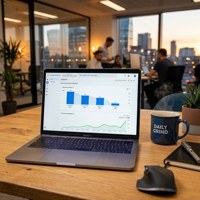 Laptop on wooden desk showing Google Analytics conversion funnel and growing charts