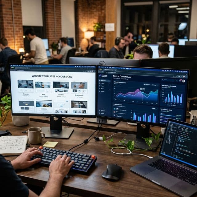 Side-by-side comparison on dual developer monitors: website templates on left vs custom Next.js code on right