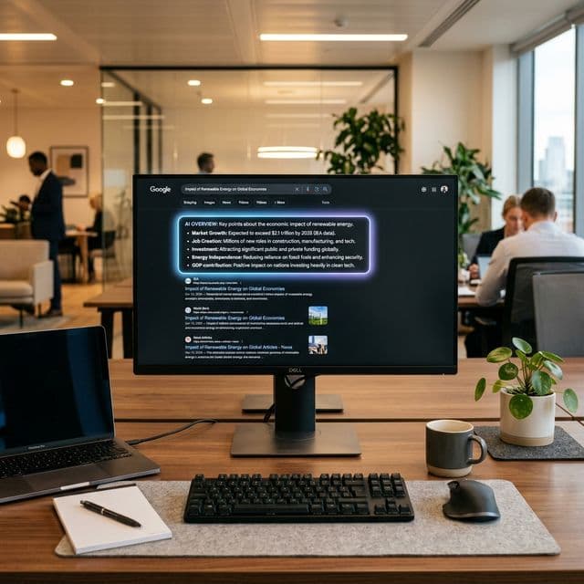 Desktop monitor displaying Google Search results with highlighted AI Overview panel showing bullet points
