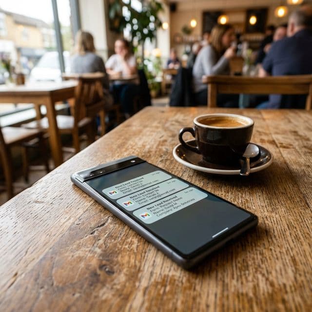 Close-up of smartphone displaying new lead received notifications next to coffee cup in sunlit cafe