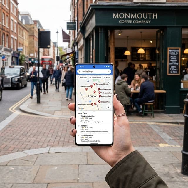 Smartphone held in hand in city street displaying top 3 Local Google Maps rankings