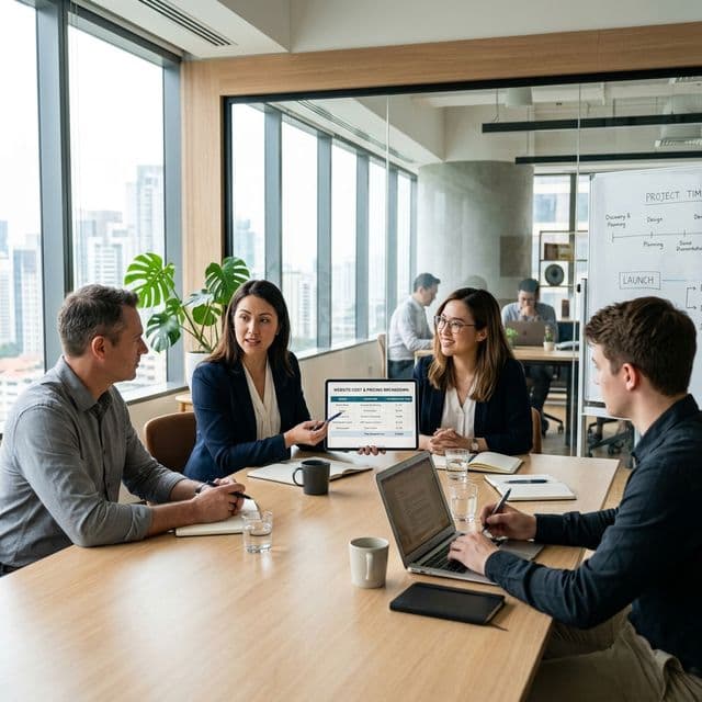 Business meeting in modern corporate conference room reviewing pricing plans on a tablet