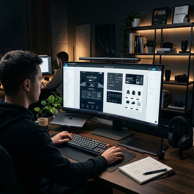 Designer working on a high-end Figma website UI wireframe and redesign project on large desktop monitor