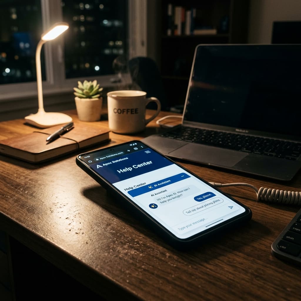 Smartphone on office desk at night displaying an active, clean AI business chatbot widget