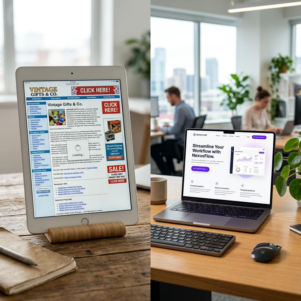 Split screen comparing a cluttered outdated iPad website vs a modern clean high-converting laptop layout